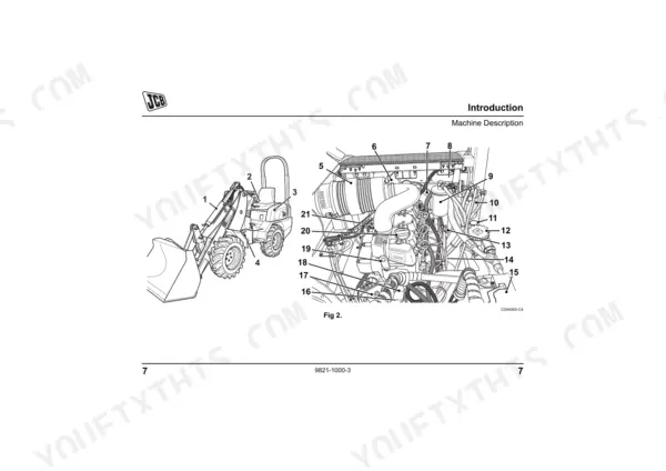 JCB 403 machine description diagram showing engine bay components and loader arm overview with numbered parts list.