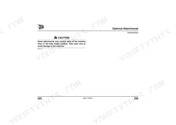 JCB 403 operator manual page showing a caution notice regarding optional attachments and machine damage prevention.