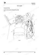 jcb-406-407-409-wheeled-loader-operator-manual-9821-9350-5-controls-54.webp JCB 406, 407, 409 operator manual diagram showing cab layout, steering wheel, joystick, and numbered control components.