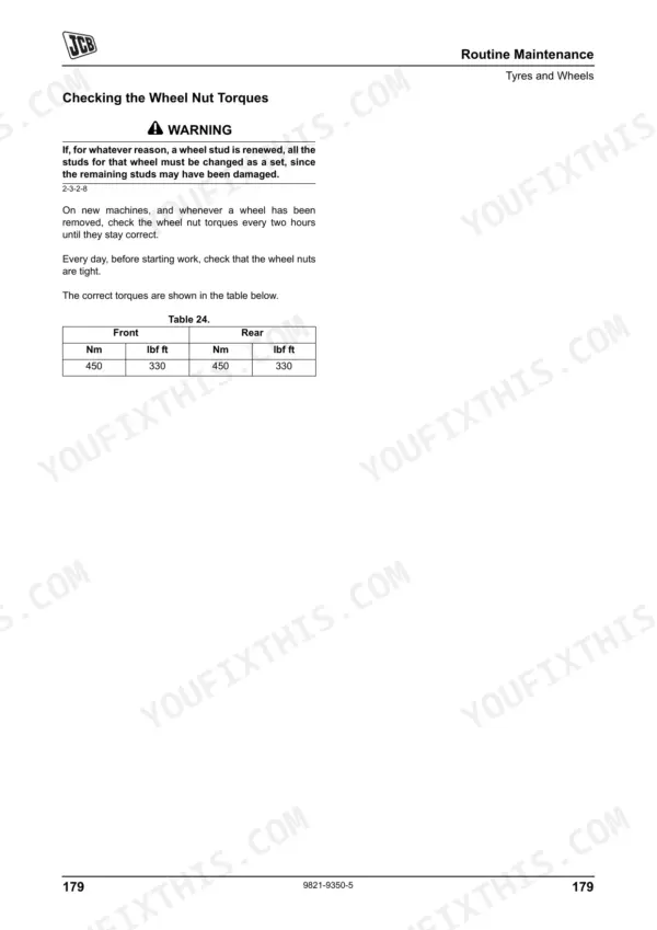 JCB 406, 407, 409 maintenance manual page showing wheel nut torque specifications table for front and rear wheels.