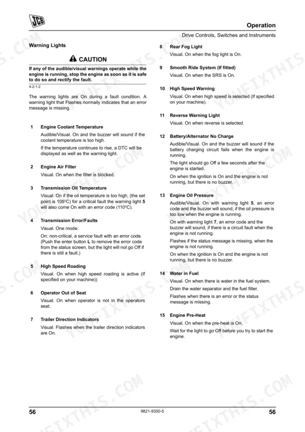 JCB 406, 407, 409 operator manual page listing warning lights, indicators, and fault condition descriptions.