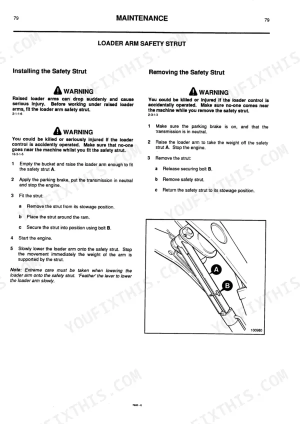 JCB 406, 408, 406 Industrial, 406 Farm Master, 408 Industrial, 408 Farm Master maintenance: loader arm safety strut procedure