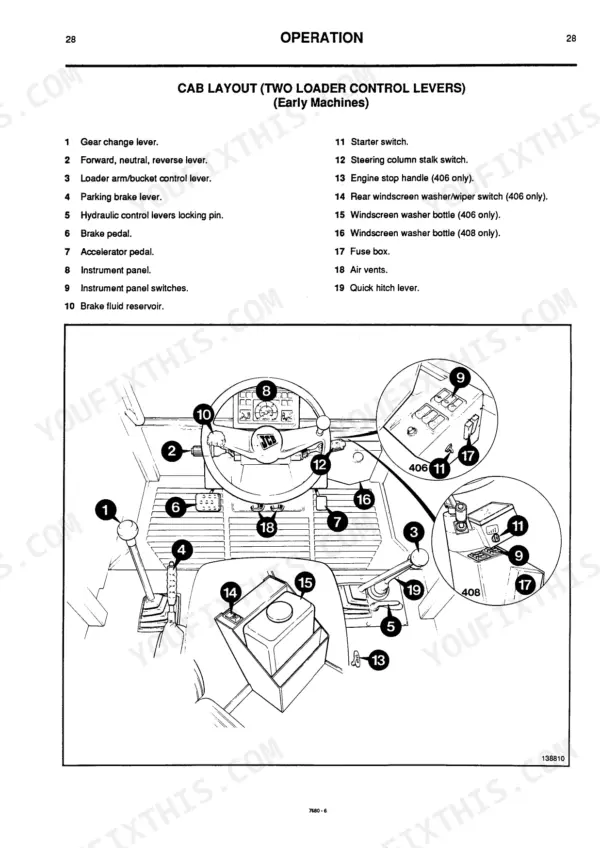 JCB 406, 408, 406 Industrial, 406 Farm Master, 408 Industrial, 408 Farm Master cab layout diagram with control lever list.