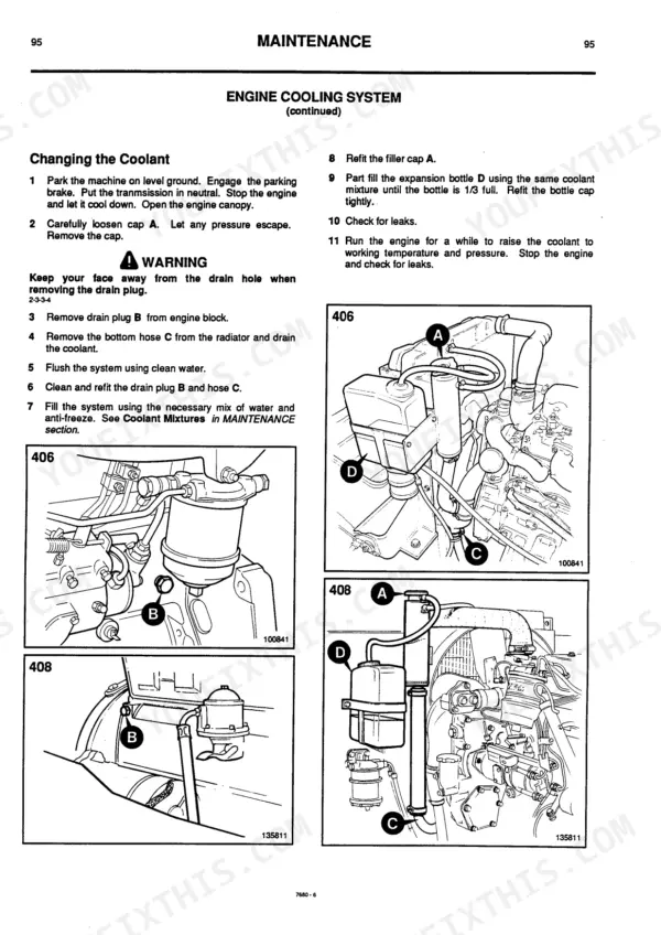 JCB 406, 408, 406 Industrial, 406 Farm Master, 408 Industrial, 408 Farm Master engine coolant change procedure diagrams