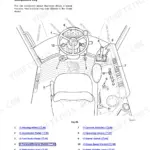 JCB 406, 409 cab layout diagram showing steering wheel, operating levers, switches, and pedals with component key list.