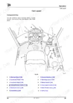jcb-406-409-wheeled-loader-operator-manual-9811-6900-controls-44.webp JCB 406, 409 cab layout diagram showing steering wheel, operating levers, switches, and pedals with component key list.