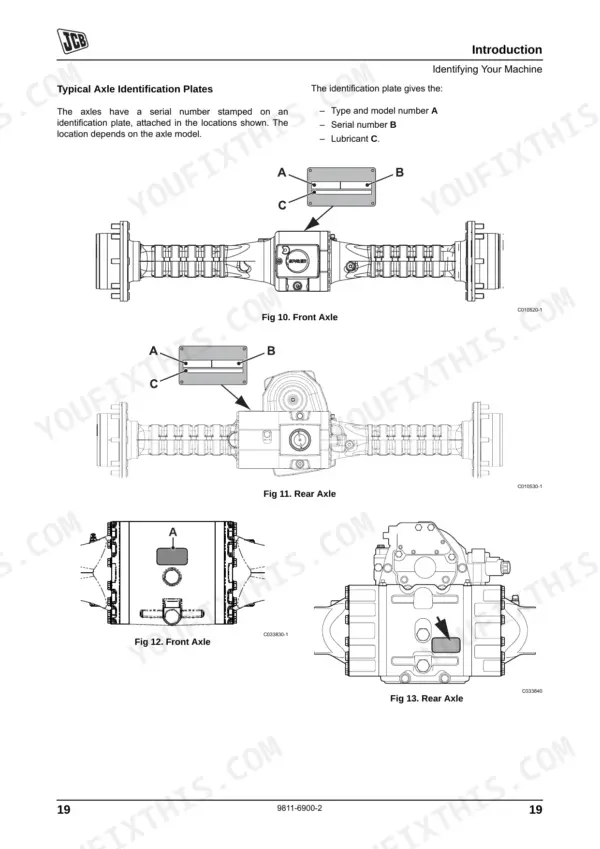 JCB 406, 409 axle identification plate locations on front and rear axles with serial number and model diagrams.