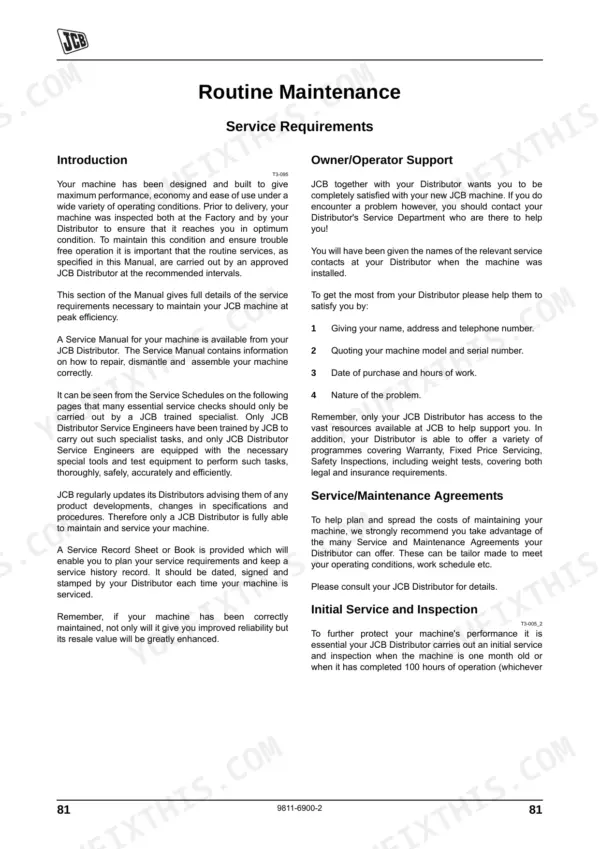 JCB 406, 409 routine maintenance introduction, owner support, and initial service inspection requirements page.
