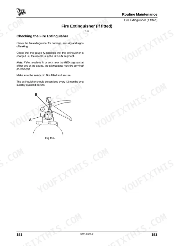 JCB 406, 409 routine maintenance procedure for checking the fire extinguisher pressure gauge and safety pin.