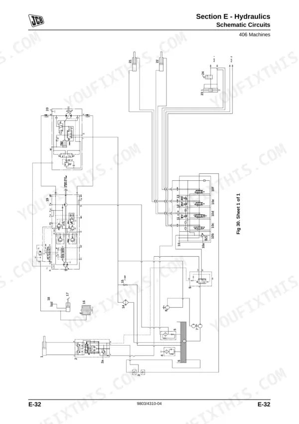 JCB 406, 409, 406 Machines, 409 Machines, F4L 2011, TD 2011 L hydraulic schematic circuit diagram, Fig 30, Sheet 1 of 1.