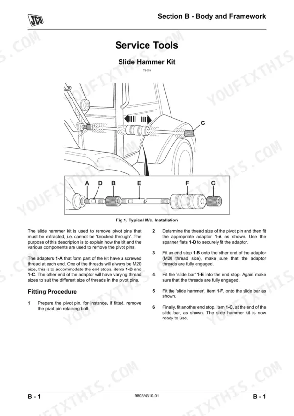 JCB 406, 409, 406 Machines, 409 Machines, F4L 2011, TD 2011 L service manual slide hammer kit fitting procedure.