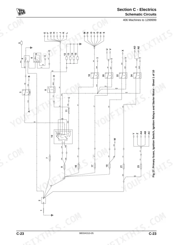 JCB 406, 409, 406 Machines, 409 Machines, F4L 2011, TD 2011 L electrical schematic for primary fuses, ignition, and starter.