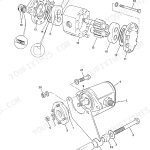 JCB 406, 407, 408, 409, 409 Telemaster hydraulic gear pump exploded view diagram showing internal components and housing.