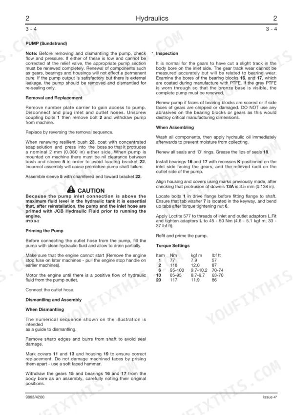 JCB 406, 407, 408, 409, 409 Telemaster Sundstrand hydraulic pump removal, assembly, inspection, and torque settings table.