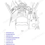 JCB 406 cab layout diagram showing steering wheel, pedals, levers, instruments, switch panel, and starter switch.