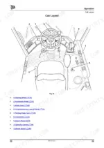 jcb-406-wheeled-loading-shovel-operator-manual-9811-0180-controls-29.webp JCB 406 cab layout diagram showing steering wheel, pedals, levers, instruments, switch panel, and starter switch.