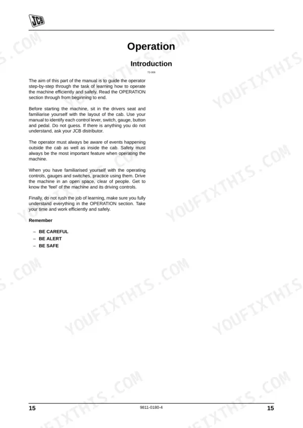 JCB 406 operator manual introduction page detailing safe machine operation, cab controls, and safety reminders.