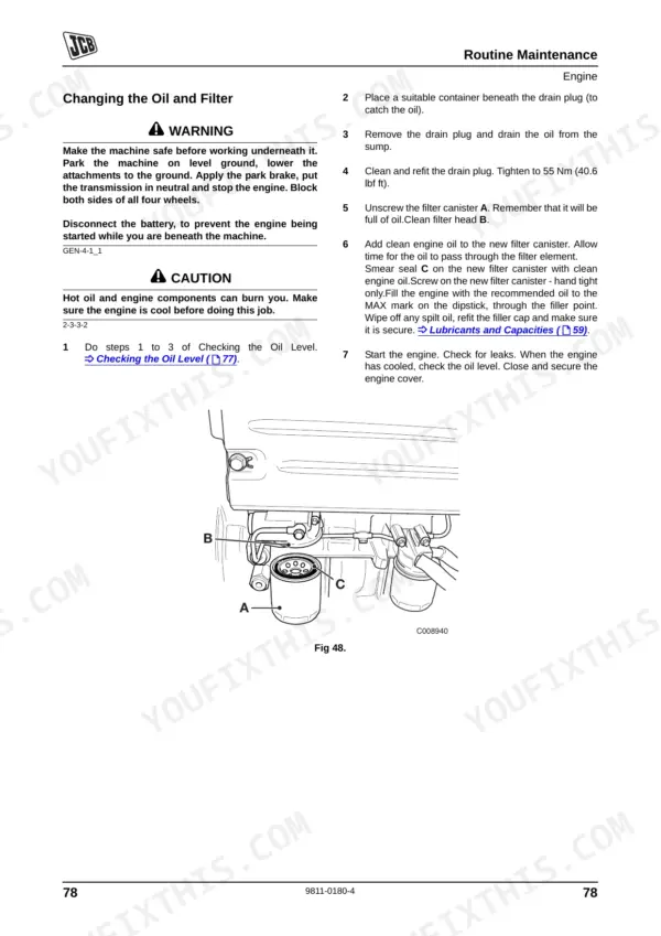 JCB 406 engine oil and filter change procedure with diagram showing filter canister A, filter head B, and seal C.