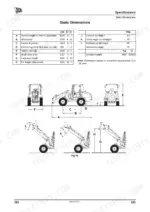jcb-406-wheeled-loading-shovel-operator-manual-9811-0180-specs-118.webp JCB 406 static dimensions specification table and diagram showing machine length, height, wheelbase, and operating angles.
