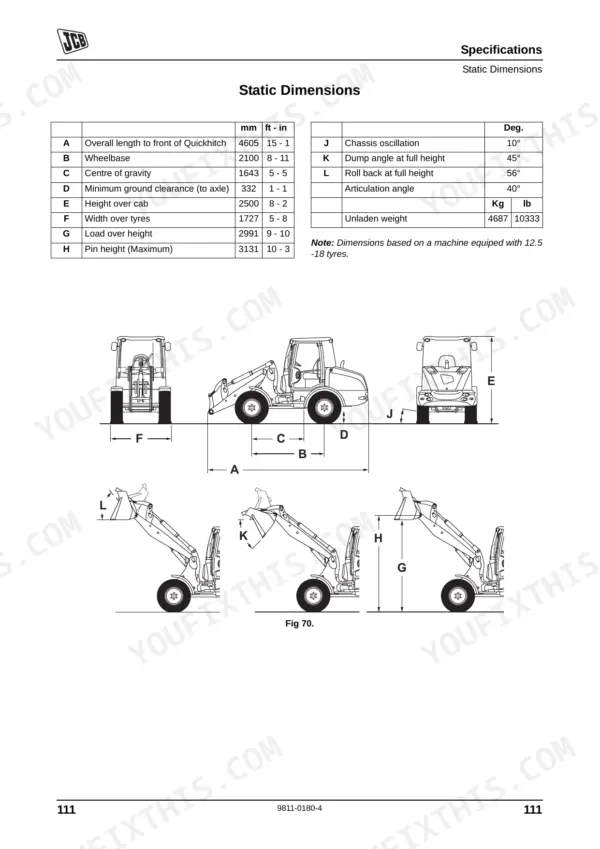 JCB 406 static dimensions specification table and diagram showing machine length, height, wheelbase, and operating angles.