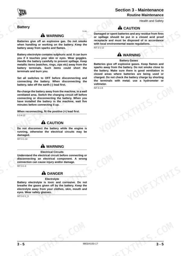 JCB 411, 416, 411 Wheeled Loading Shovel, 416 Wheeled Loading Shovel, JCB 444 Dieselmax Series, JCB 444 Series battery maintenance safety procedures.