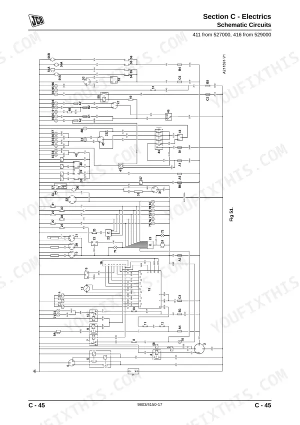 JCB 411, 416, 411 Wheeled Loading Shovel, 416 Wheeled Loading Shovel, JCB 444 Dieselmax Series, JCB 444 Series electrical schematic circuit diagram Fig 51.