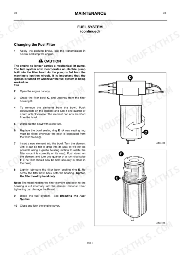 JCB 411 maintenance manual page showing step-by-step procedure for changing the fuel filter and filter element.