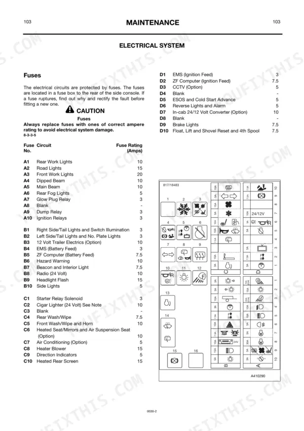 JCB 411 electrical system maintenance page with fuse box circuit tables, fuse ratings, and component location diagram.