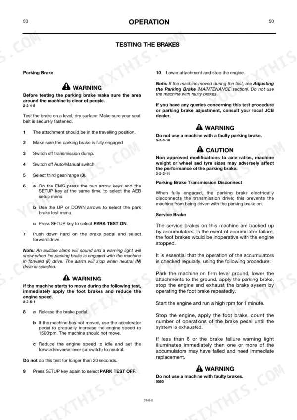JCB 411 operator manual page detailing parking brake testing procedures and service brake accumulator checks.