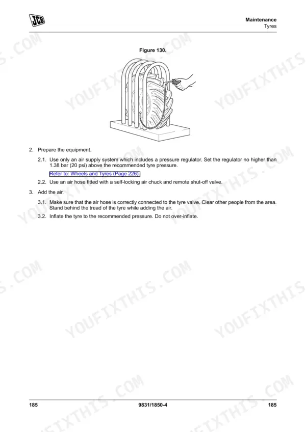 JCB 411HT, 413S, 417HT maintenance procedure for inflating tyres, showing a safety cage diagram and inflation steps.