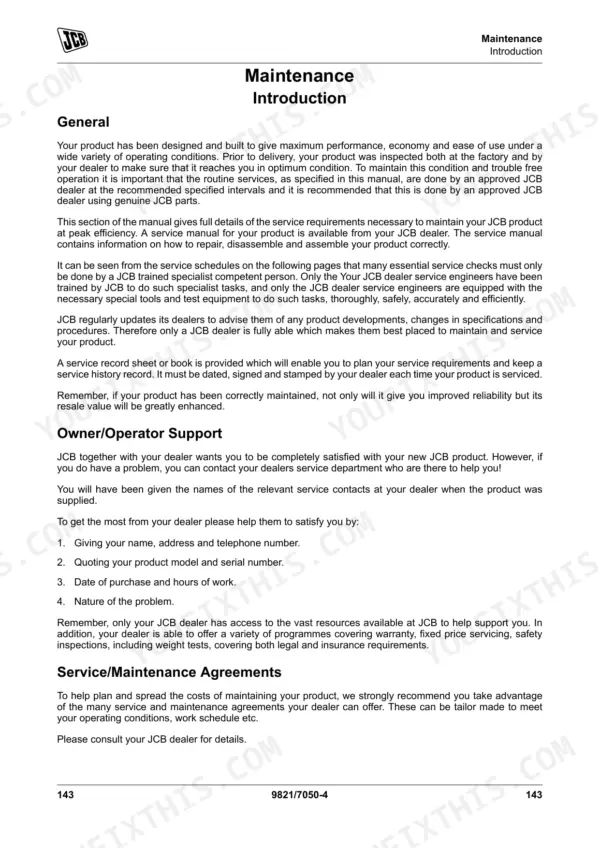 JCB 411HT, 413S, 417HT maintenance introduction page covering owner support, service requirements, and maintenance agreements.