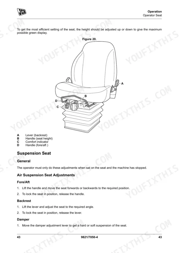 JCB 411HT, 413S, 417HT operator seat adjustment diagram and procedures for fore/aft, backrest, and damper settings.