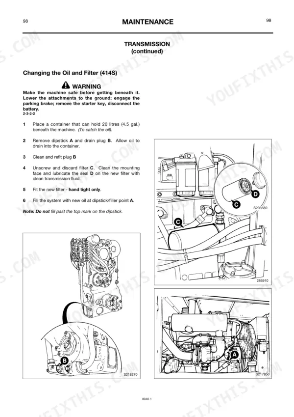 JCB 412S, 414S maintenance manual page for changing transmission oil and filter with component diagrams.