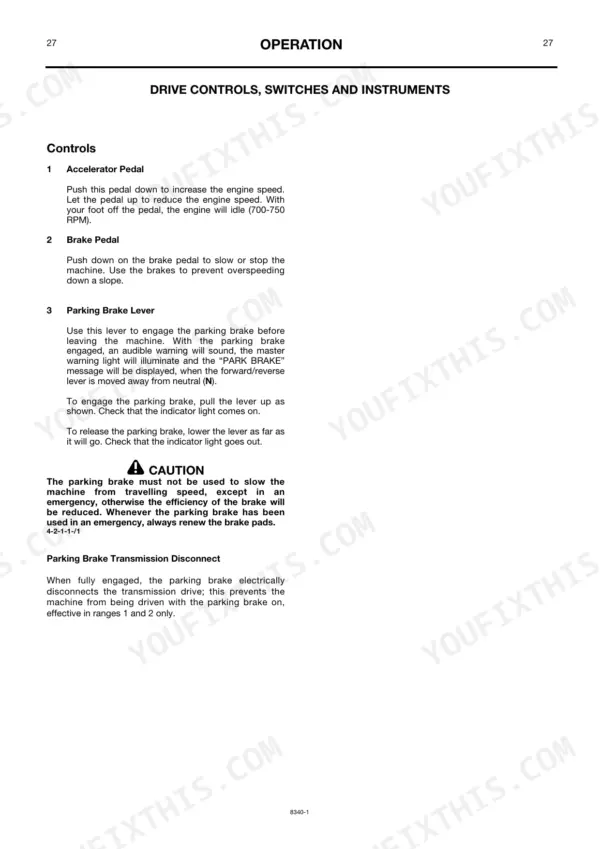 JCB 412S, 414S operator manual page for drive controls, accelerator, brake pedal, and parking brake lever operation.