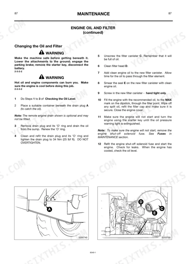 JCB 412S, 414S maintenance procedure for changing engine oil and filter with drain plug and filter canister diagrams.