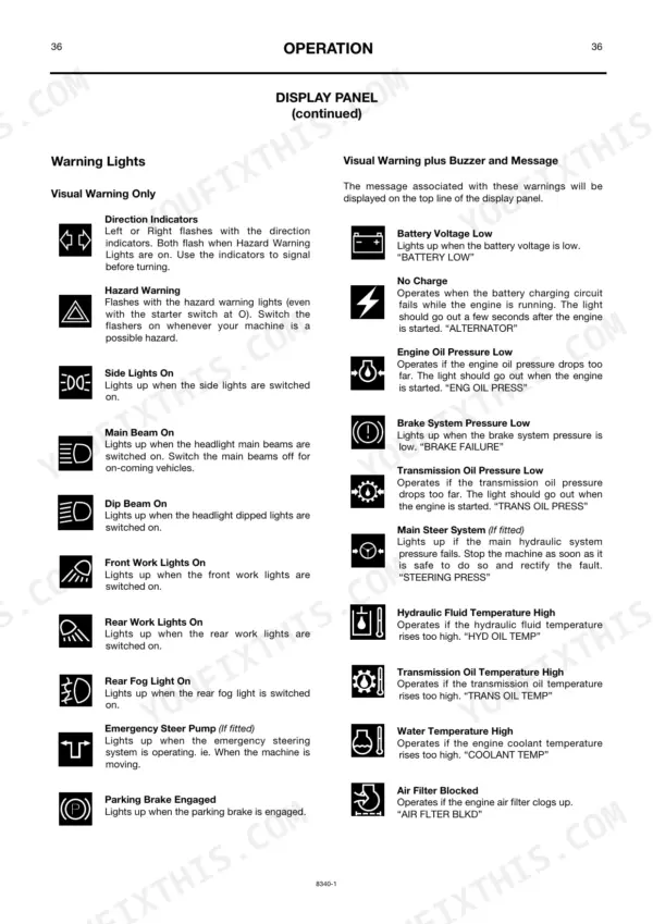 JCB 412S, 414S operator manual page showing display panel warning lights, buzzer alerts, and indicator symbol descriptions.