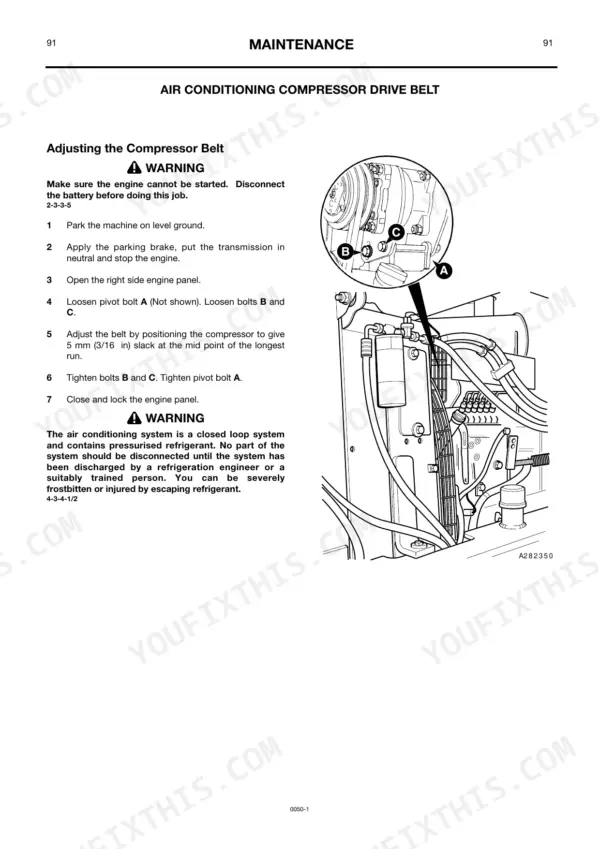 JCB 414S, 416S maintenance procedure for adjusting the air conditioning compressor drive belt with component diagram.