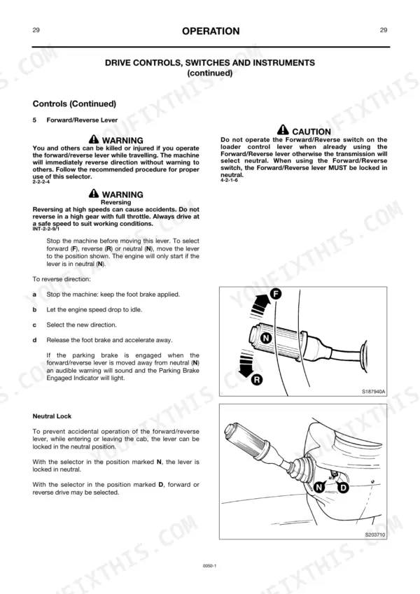 JCB 414S, 416S operation manual page for forward/reverse lever controls, neutral lock procedures, and lever position diagrams.