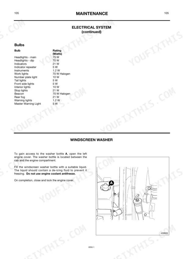 JCB 414S, 416S maintenance page showing electrical bulb wattage specifications and windscreen washer bottle location diagram.