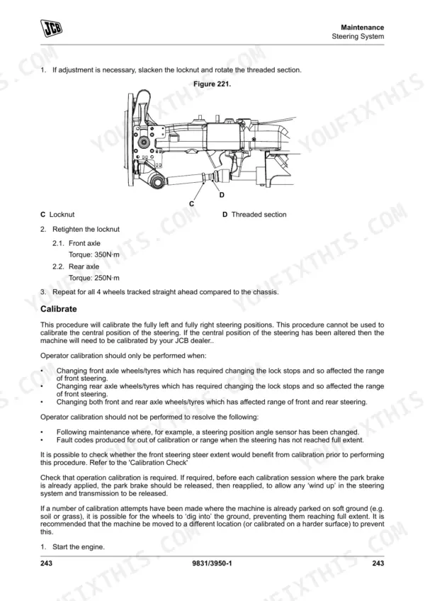 JCB 4160, 4190, 4220 steering system maintenance, axle locknut adjustment diagram, torque specs, and calibration procedure.