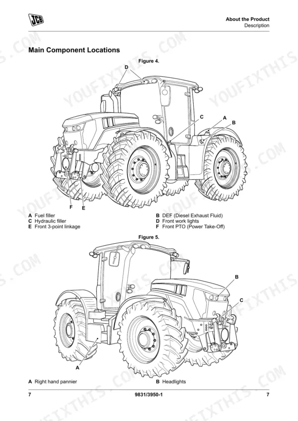 JCB 4160, 4190, 4220 diagrams showing main component locations including fuel, hydraulic, DEF, PTO, and linkage.
