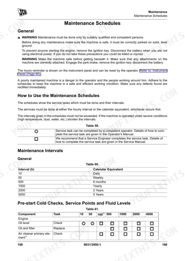 JCB 4160, 4190, 4220 maintenance schedule table, service intervals, and pre-start cold check tasks for engine components.