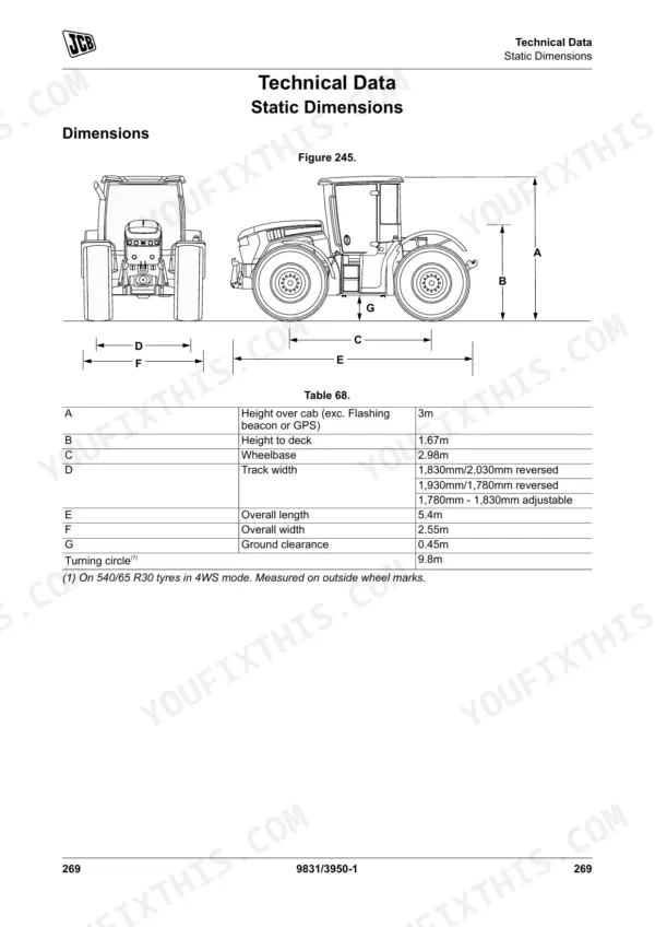 JCB 4160, 4190, 4220 static dimensions diagram and table showing height, wheelbase, track width, and ground clearance.
