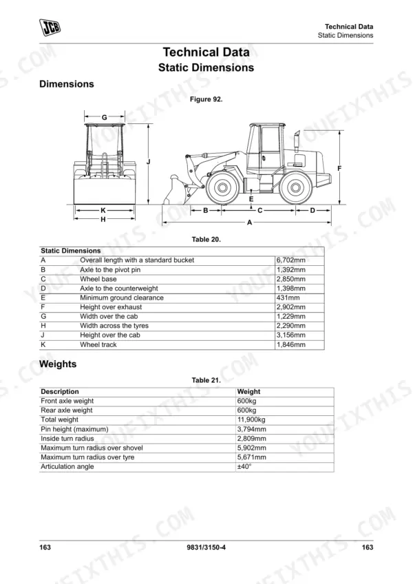 JCB 422ZX technical data showing static dimensions diagram, measurement table, and machine weight specifications.