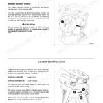 JCB 426, 426HT, 426ZX manual page showing battery isolator switch location and loader control lock operation diagrams.