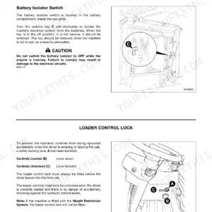 JCB 426, 426HT, 426ZX manual page showing battery isolator switch location and loader control lock operation diagrams.