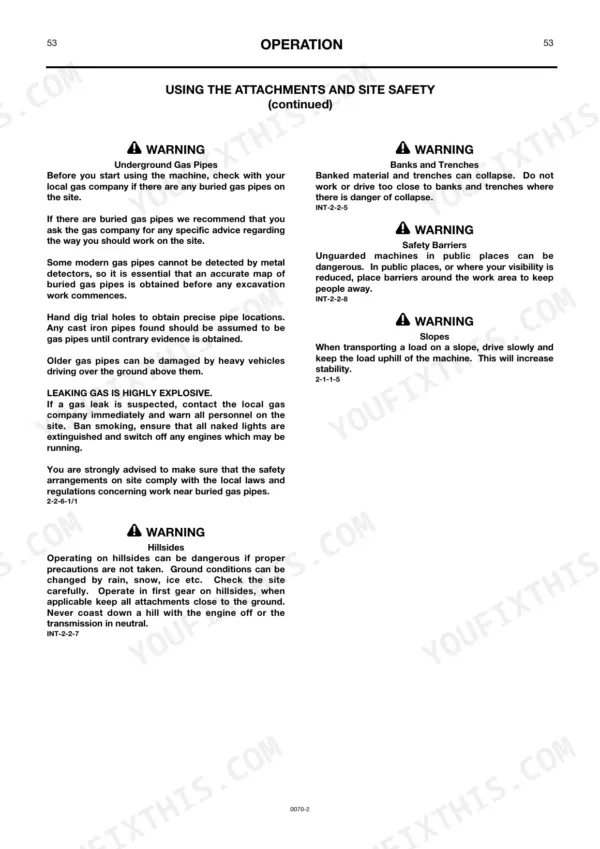 JCB 426, 426HT, 426ZX operator manual page covering site safety procedures for gas pipes, trenches, barriers, and slopes.