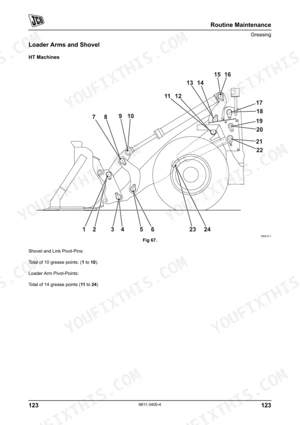 JCB 426, 436, 456 (TIER 2) diagram showing loader arm and shovel greasing points for routine maintenance.
