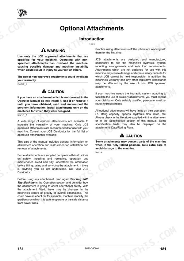 JCB 426, 436, 456 (TIER 2) optional attachments introduction, safety warnings, and installation guidelines.