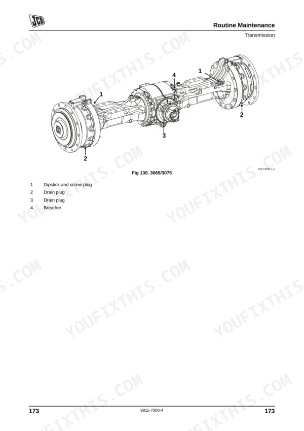 JCB 426E, 434S, 436E, 456E axle diagram showing dipstick, screw plug, drain plugs, and breather locations.